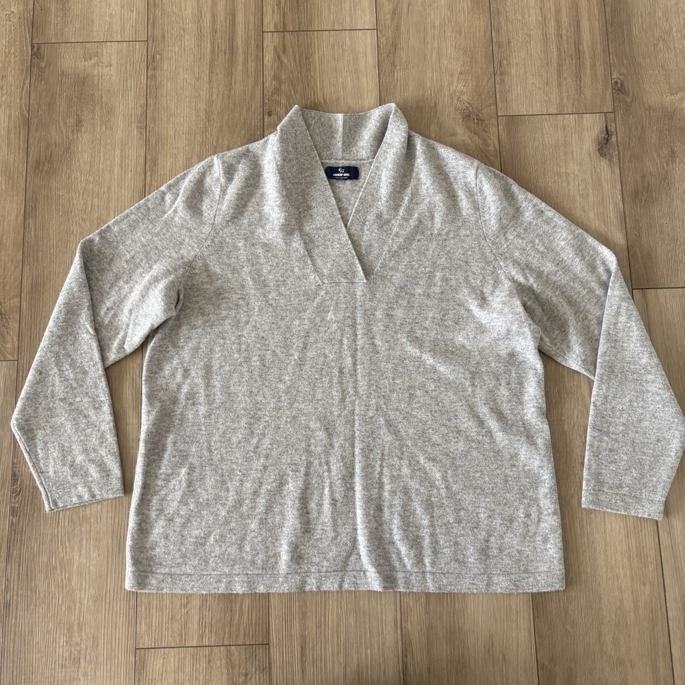 Lands End Sweater Womens 1X Plus Gray Long Sleeve Cashmere Pullover V Neck